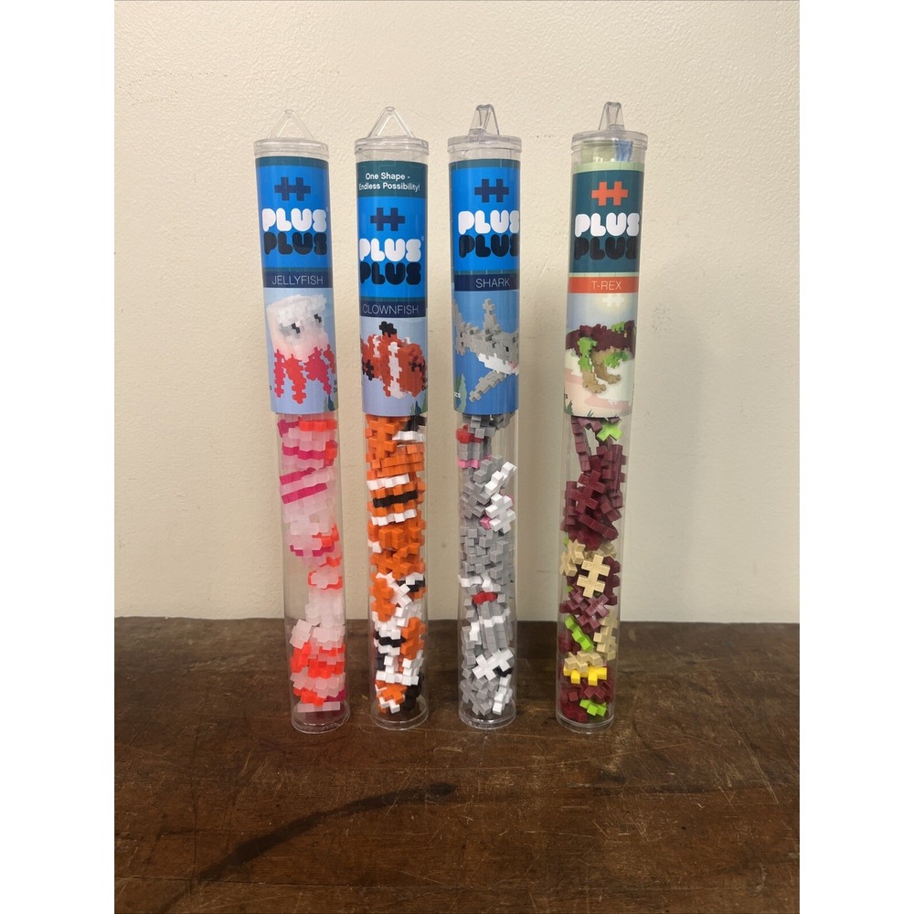 Lot 4 PLUS PLUS Brick Jigsaw Building Sets Shark, Trex, Jellyfish, Clownfish